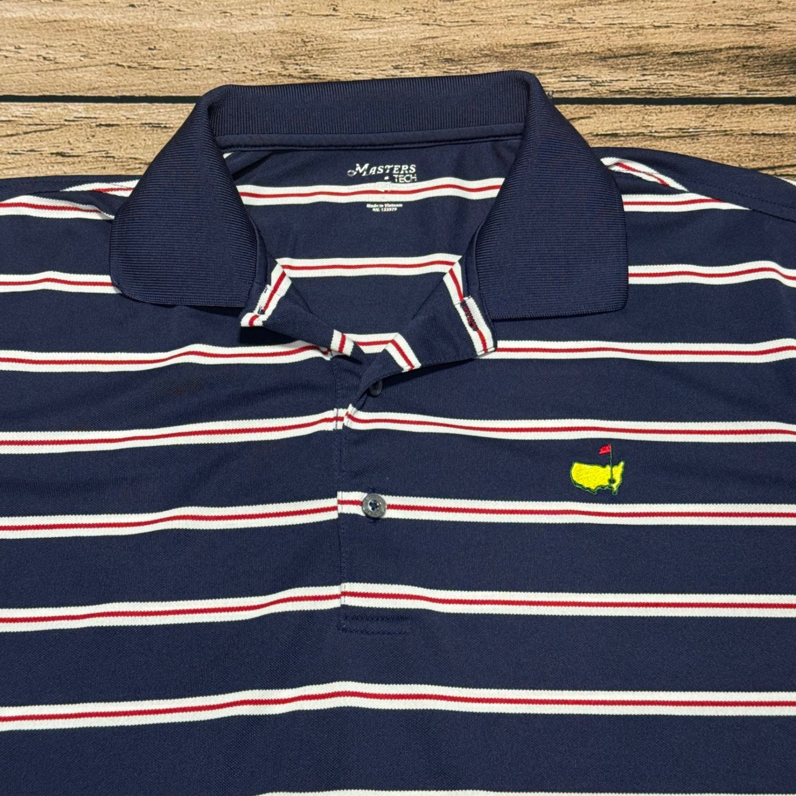 Masters Tech Polo Shirt Mens Large Navy Blue Striped Golf Tournament Performance